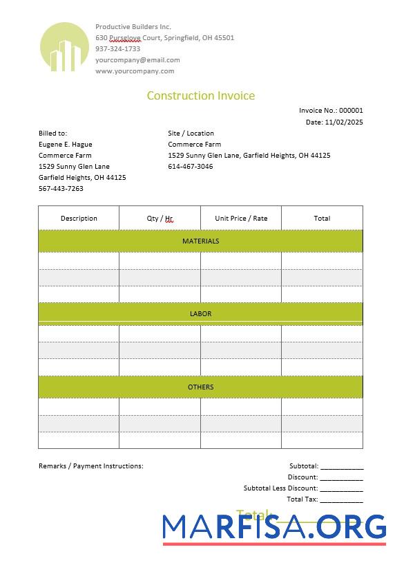 Printable Blank Construction Invoice Template